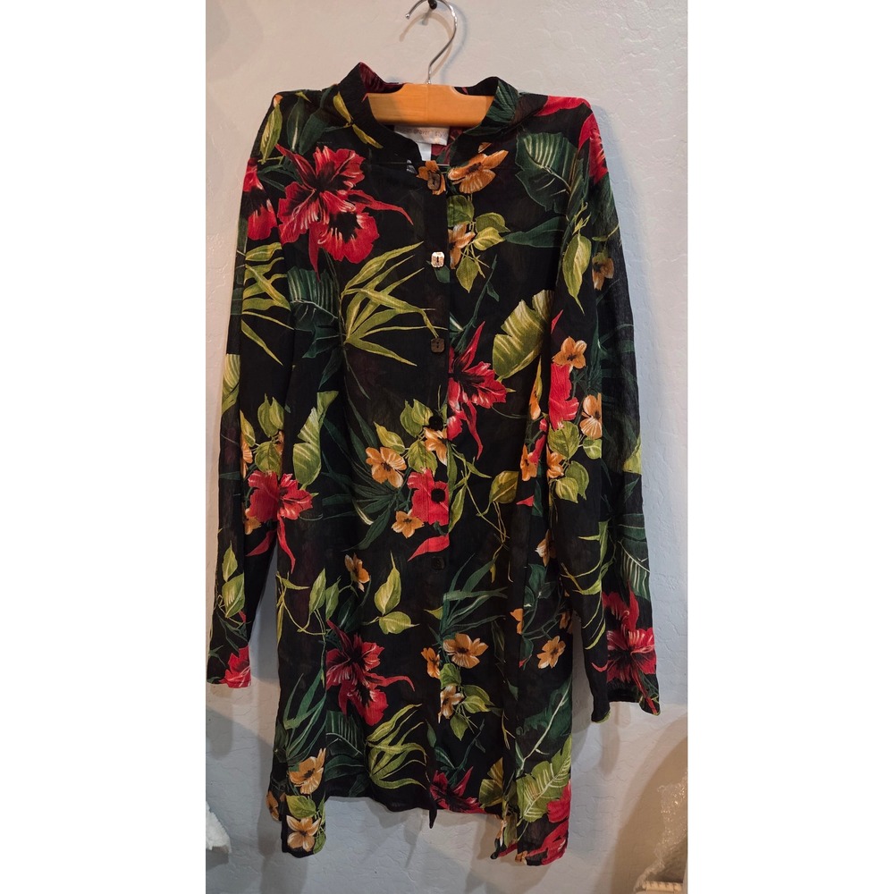 Susan Graver Black Large Hibiscus Print Tropical Sheer Button up swimsuit cover